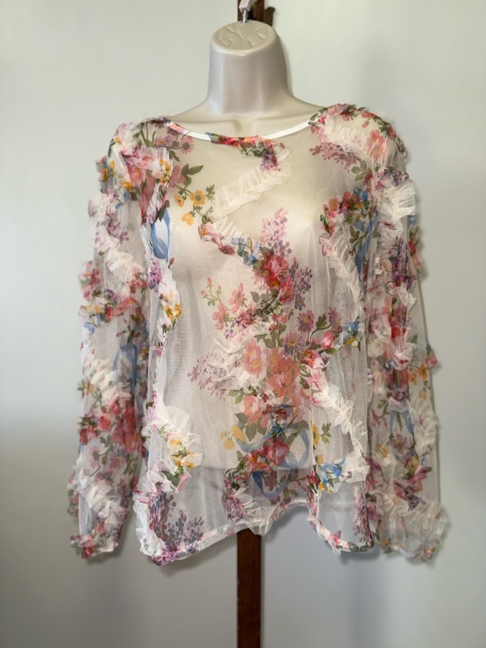 SHEIN (Medium) Neutral Colorful Floral Sheer Lightweight Blouse
